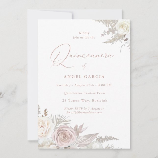 Dusty Rose & Ivory Elegant Quinceanera Party Invitation (Front)