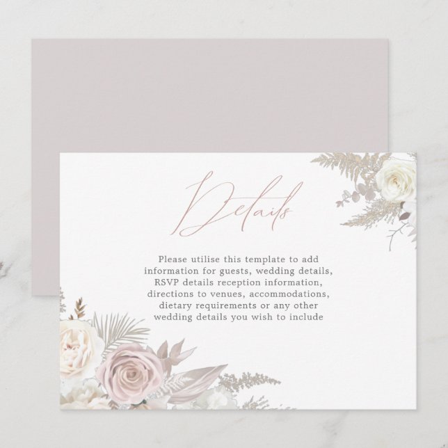 Dusty Rose & Ivory Elegant Wedding Details Enclosure Card (Front/Back)