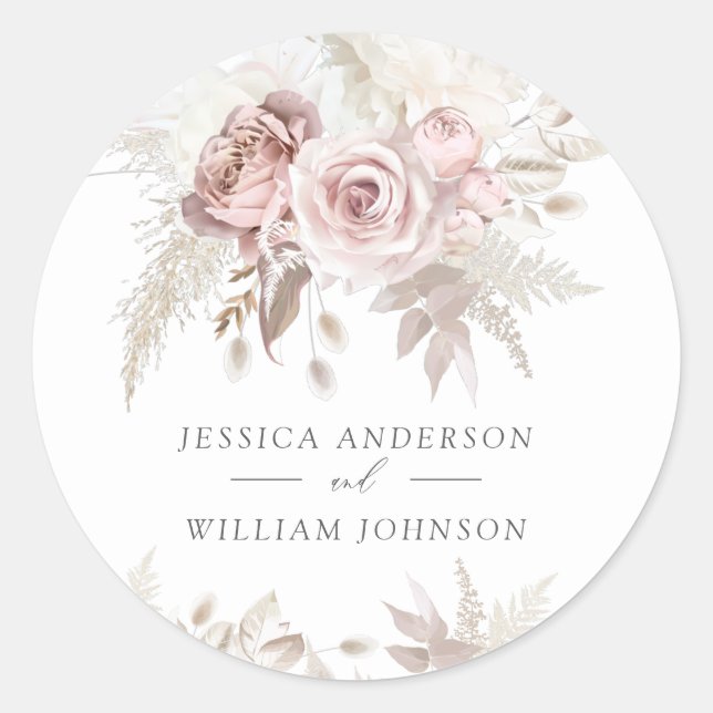 Dusty Rose & Ivory Floral Beautiful Wedding Classic Round Sticker (Front)