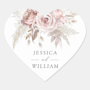 Dusty Rose & Ivory Floral Beautiful Wedding  Heart Sticker