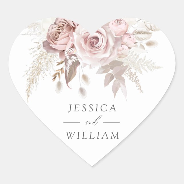 Dusty Rose & Ivory Floral Beautiful Wedding  Heart Sticker (Front)