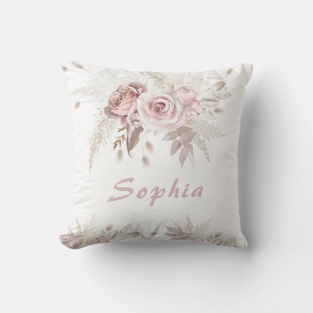 Dusty Rose & Ivory Floral Gift Birthday Name Cushion (Front)