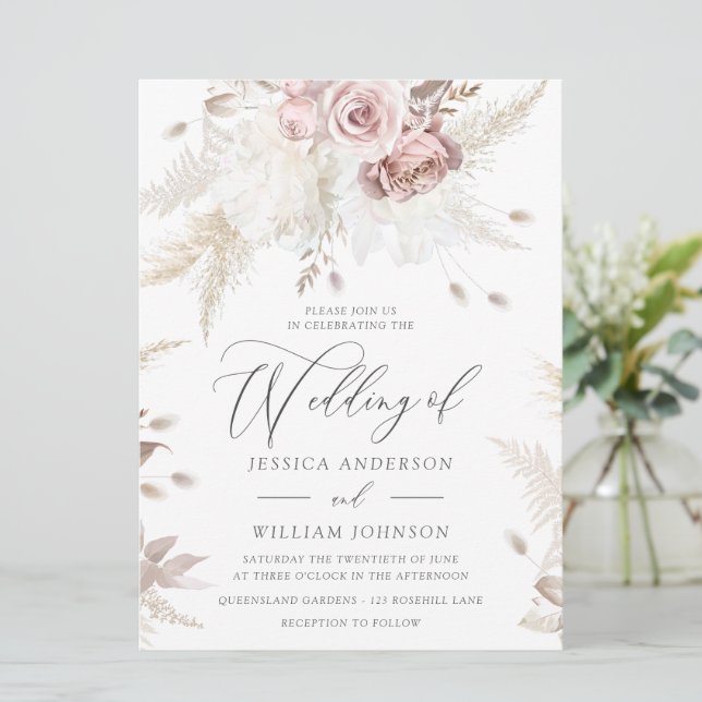 Dusty Rose & Ivory Floral Large Wedding Invitation (Standing Front)