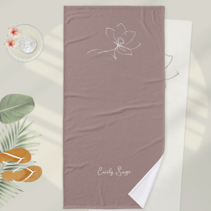 Dusty Rose Ivory Floral Line Art Minimalist Zen Bath Towel
