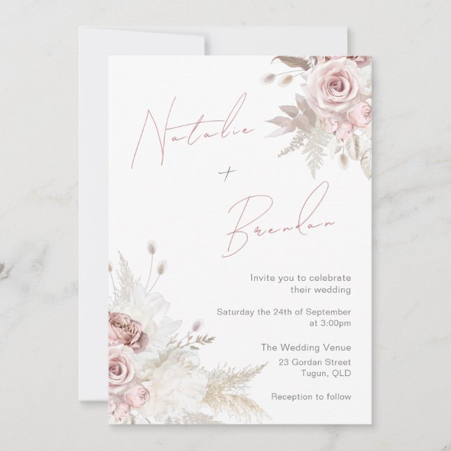 Dusty Rose & Ivory Modern Script Floral Wedding Invitation (Front)