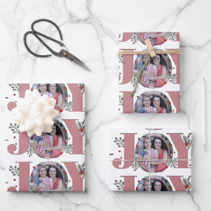 Dusty rose Joy and berries Christmas holiday photo Wrapping Paper Sheet