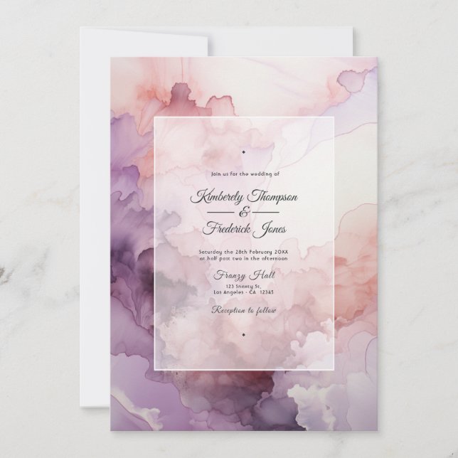Dusty Rose, Lavender and Silver Ink Wedding Invitation (Front)
