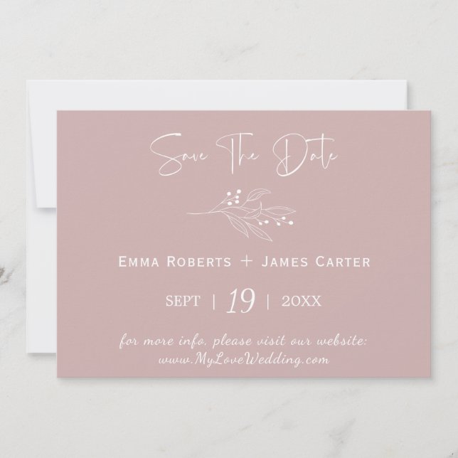 Dusty Rose Leaf Save the Date Card (Front)