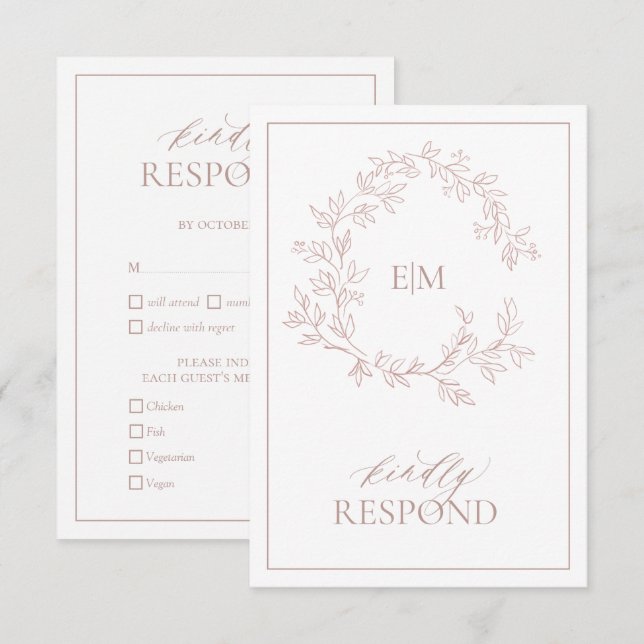 Dusty Rose Leafy Crest Monogram Wedding RSVP Card (Front/Back)