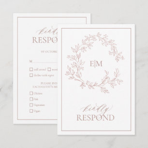 Dusty Rose Leafy Crest Monogram Wedding RSVP Card