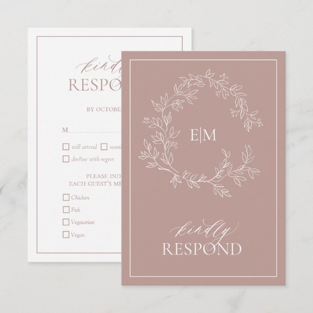 Dusty Rose Leafy Crest Monogram Wedding RSVP Card (Front/Back)
