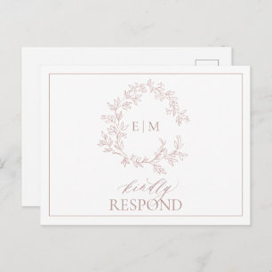Dusty Rose Leafy Crest Monogram Wedding RSVP Invitation Postcard