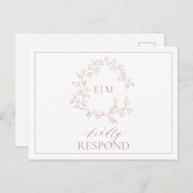 Dusty Rose Leafy Crest Monogram Wedding RSVP Invitation Postcard (Front/Back)
