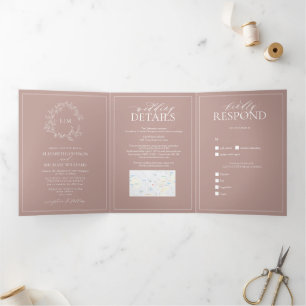 Dusty Rose Leafy Crest Monogram Wedding Tri-Fold Invitation