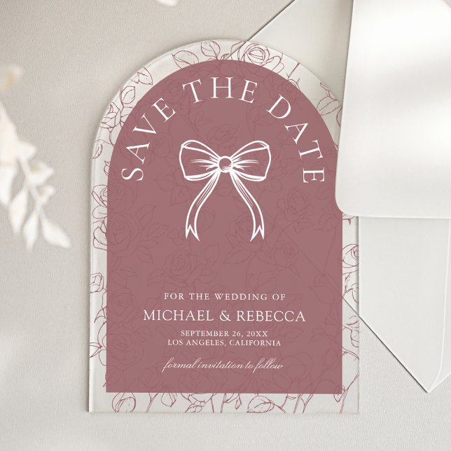 Dusty Rose Line Art Bow Wedding Save the Date Acrylic Invitations (Creator Uploaded)