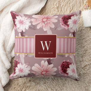 Dusty Rose Magenta Flowers Stripe Border Cushion