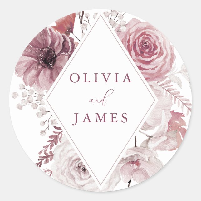 Dusty Rose & Mauve Boho Floral Frame Wedding Classic Round Sticker (Front)
