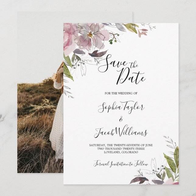 Dusty Rose Mauve Floral Greenery Photo Wedding Save The Date (Front/Back)
