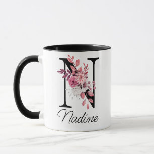 Dusty Rose Mauve Floral Letter N Monogram Initial Mug
