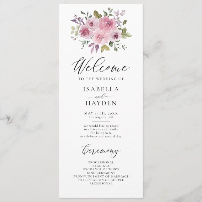 Dusty Rose Mauve Floral Rustic Watercolor Wedding Programme (Front)