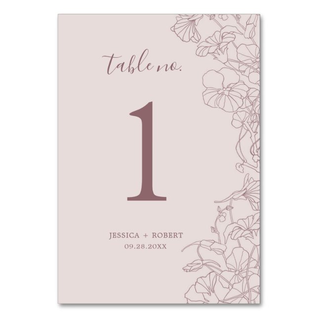 Dusty Rose Mauve Floral Wedding Table Number (Front)