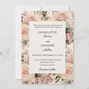 Dusty rose mauve ivory florals luxury wedding invitation