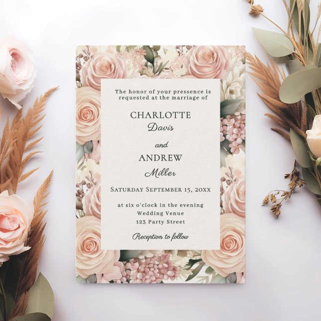 Dusty rose mauve ivory florals luxury wedding invitation (Creator Uploaded)