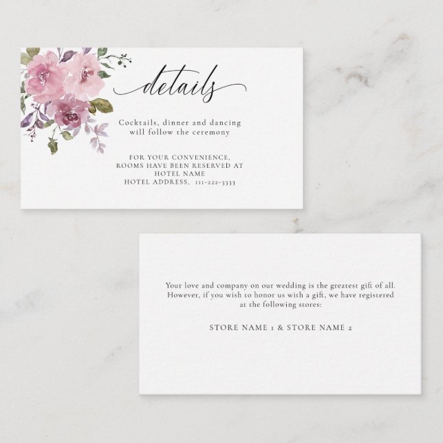 Dusty Rose Mauve Pink Blush Floral Wedding Details Enclosure Card (Front/Back)