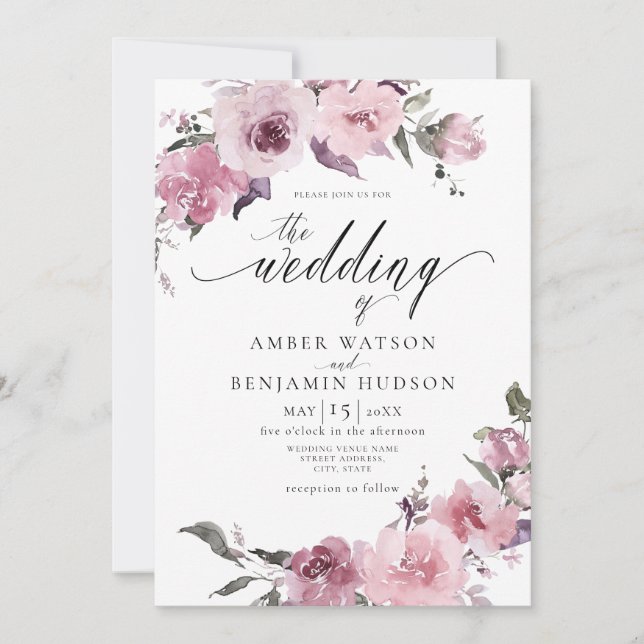 Dusty Rose Mauve Pink Blush Floral Wedding Invitation (Front)