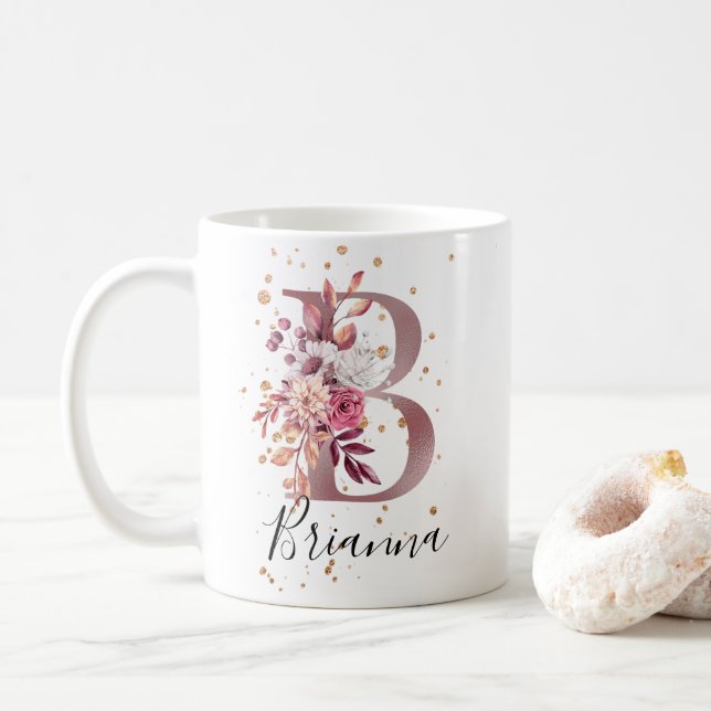 Dusty Rose Mauve Pink Floral Monogram Letter B Coffee Mug (With Donut)