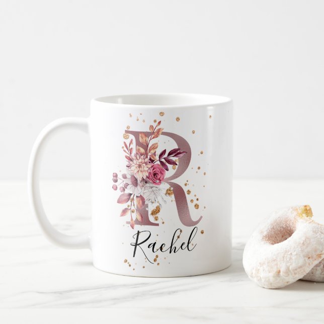 Dusty Rose Mauve Pink Floral Monogram Letter R Coffee Mug (With Donut)