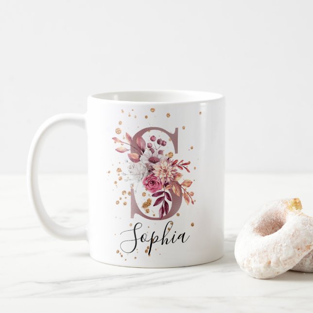 Dusty Rose Mauve Pink Floral Monogram Letter S Coffee Mug (With Donut)