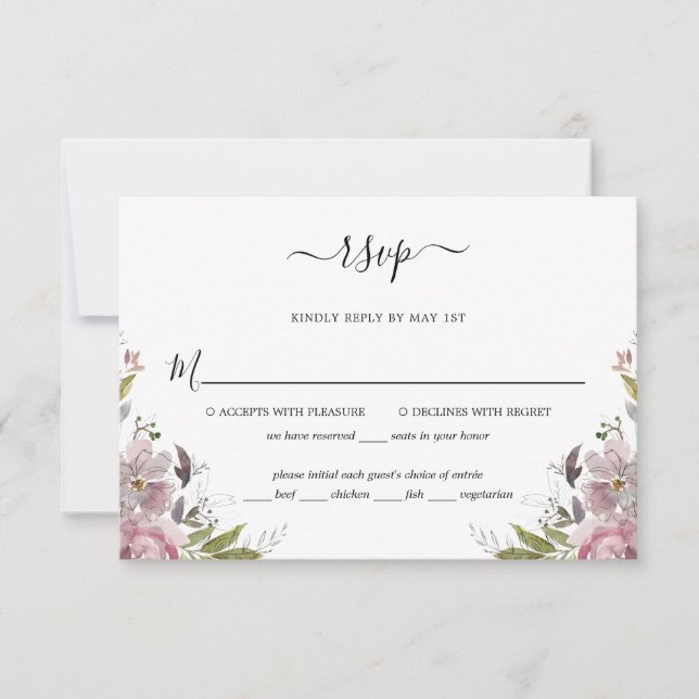 Dusty Rose Mauve Pink Floral Wedding RSVP Card (Front)