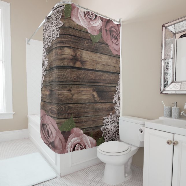 Dusty Rose Mauve Roses Floral Lace Wood Rustic Shower Curtain (In Situ)