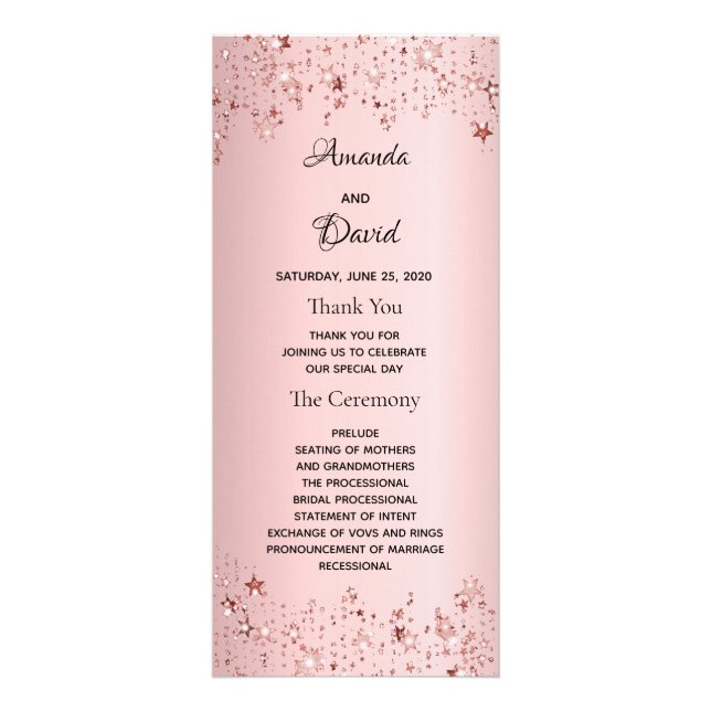 Dusty rose metallic stars pink wedding program rack card (Front)