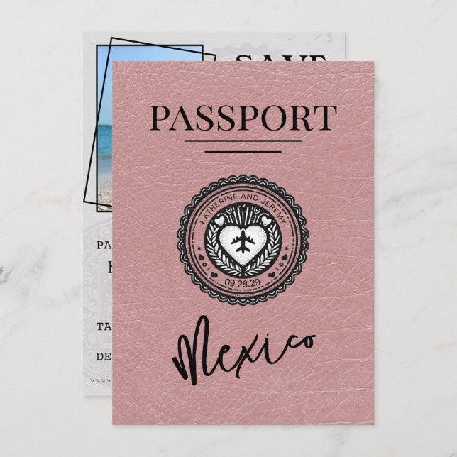 Dusty Rose Mexico Passport Save The Date (Front/Back)