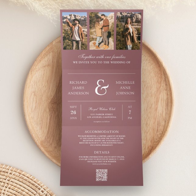 Dusty Rose Minimal Photo Collage QR Code Wedding Tri-Fold Invitation (Creator Uploaded)