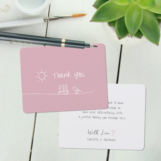 Dusty Rose Minimalist Flowers Bird Sun Drawing Thank You Card (Dusty Rose Minimalist Flowers Bird Sun Drawing Thank You Card ©Susanne Sachers - Sunny Mind 🌞)