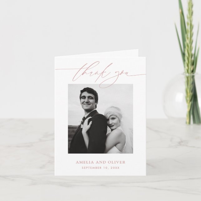 Dusty Rose Minimalist Script Photo Wedding Thank You Card (Front)