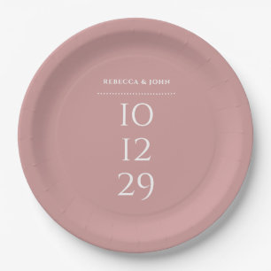 Dusty Rose Minimalist Special Date Wedding Paper Plate