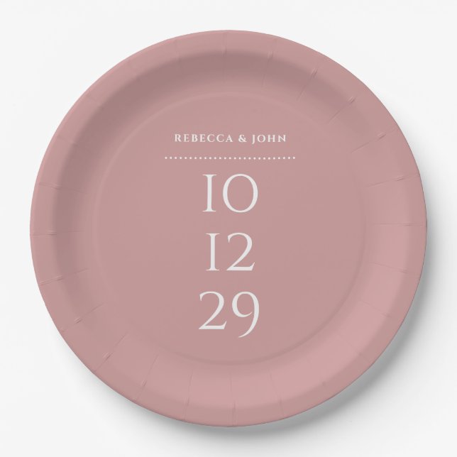 Dusty Rose Minimalist Special Date Wedding Paper Plate (Front)
