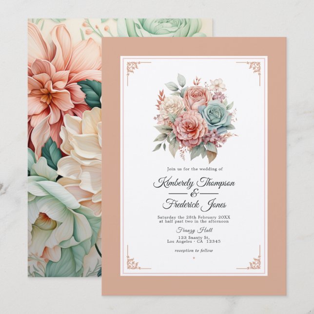 Dusty Rose, Mint Green, and Blush Floral Wedding Invitation (Front/Back)