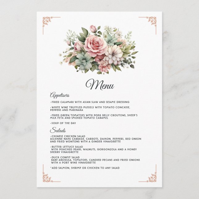 Dusty Rose, Mint Green, and Blush Floral Wedding Menu (Front)