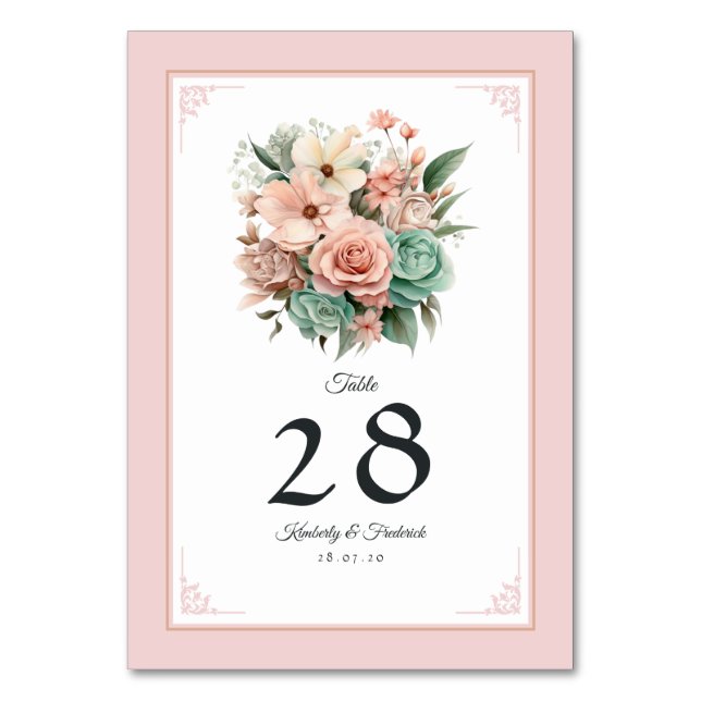 Dusty Rose, Mint Green, and Blush Floral Wedding Table Number (Front)