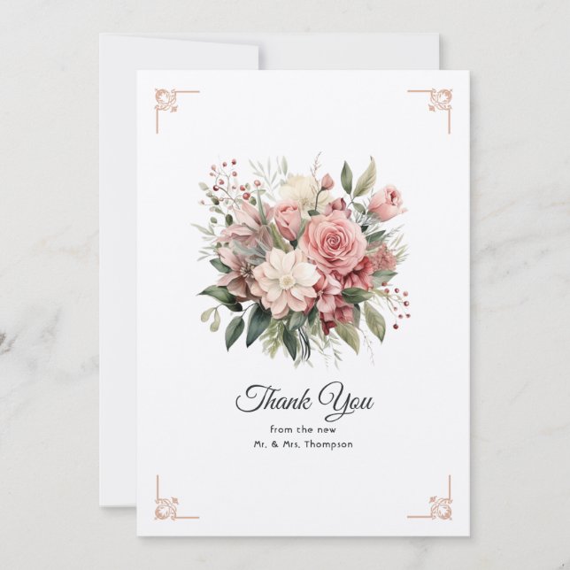 Dusty Rose, Mint Green, and Blush Floral Wedding Thank You Card (Front)