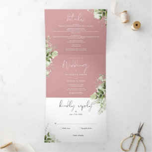 Dusty Rose Modern Botanical Greenery Photo Wedding Tri-Fold Invitation