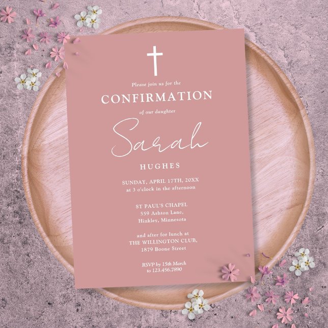 Dusty Rose Modern Minimalist Confirmation Invitation (Dusty Rose Modern Minimalist Confirmation Invitation)