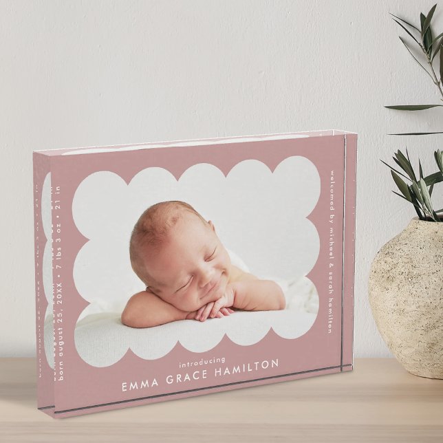 Dusty Rose Modern Scalloped Birth Announcement Photo Block (Creator Uploaded)