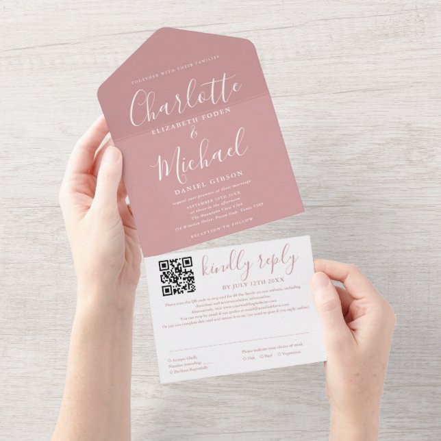 Dusty Rose Modern Script QR Code Wedding All In One Invitation (Tearaway)