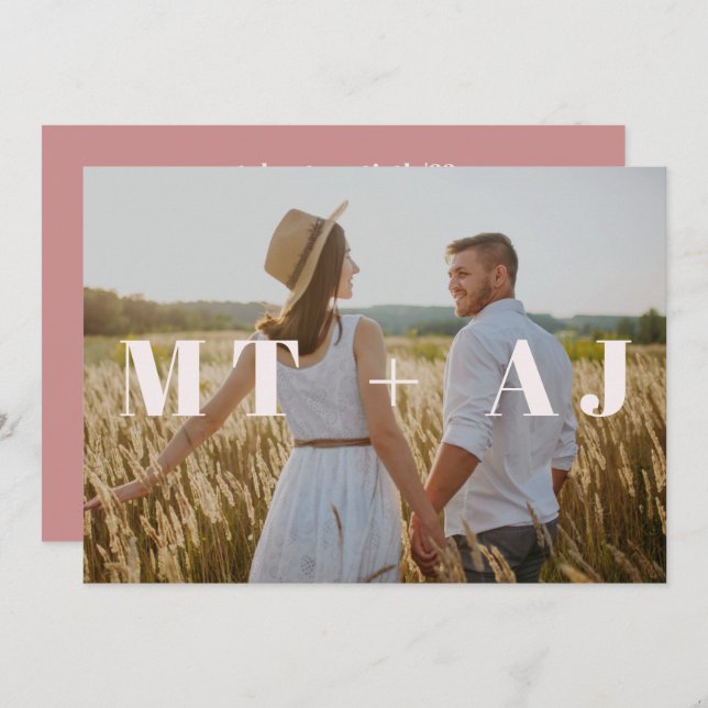 Dusty Rose Monogram Overlay Photo Save the Date (Front/Back)